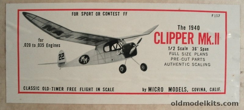 Micro Models 1/2 The 1940 Clipper Mk.II - Reproduction 36 inch Wingspan For R/C or Free Flight, F107 plastic model kit
